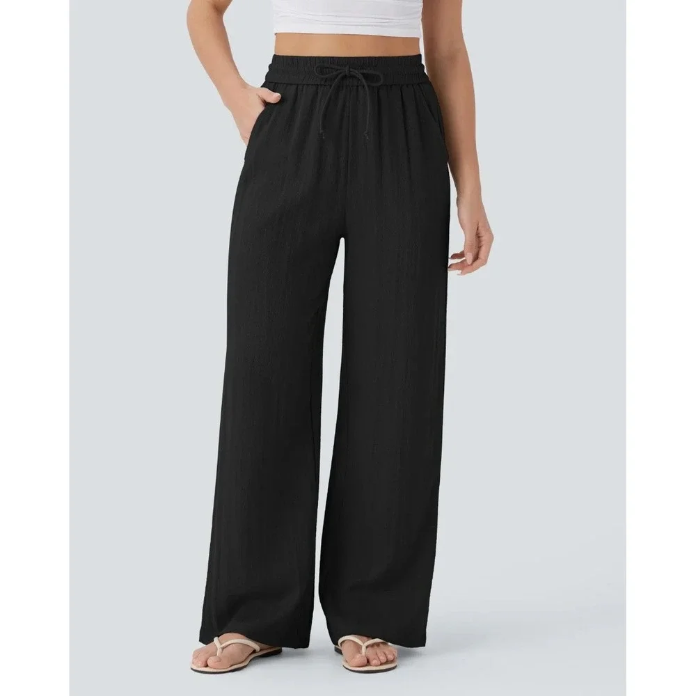 Halara Black Drawstring Pocket Wide Leg Baggy Casual Linen-Feel Pants Medium